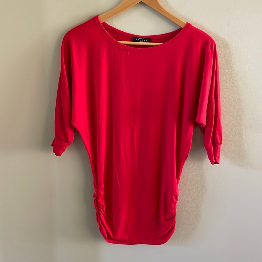 Red 3/4 length sleeves top with ruched sides, size S.